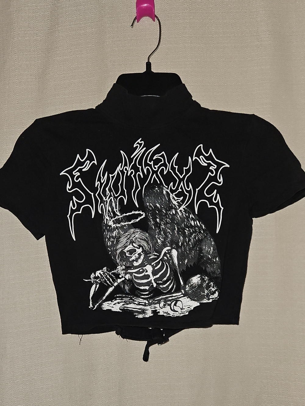Black Cropped Graphic Tee with Skeleton Angel Print